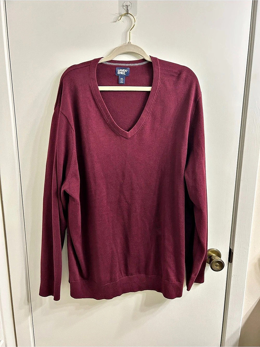 Lands' End Men's Fine Gauge Cotton V-Neck Sweater Burgundy XXL